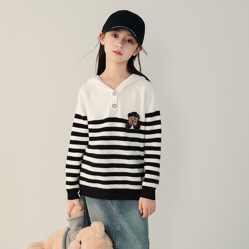 女童刺绣小熊连帽毛衣秋装单件针织衫上衣秋冬童装儿童小女孩