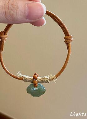 新中式天然和田玉祥云吊坠手链复古棕色系抽拉式编织手绳好运礼物