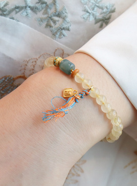 「晴叙」天然金发晶手链女搭配翡翠转运珠小福牌流苏招财手串礼物