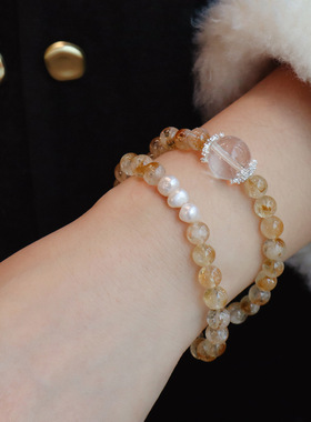 「暖珀映珠澜」天然黄水晶搭配珍珠手链女小众设计感手串闺蜜礼物