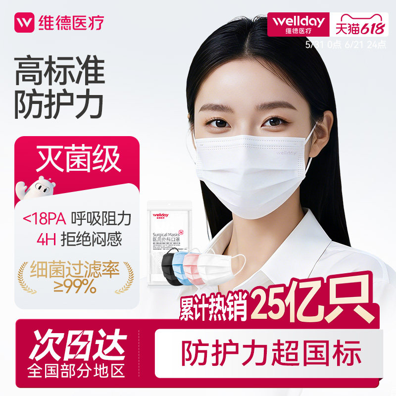【新效期】维德医用外科口罩一次性医疗三层灭菌成人口罩独立包装