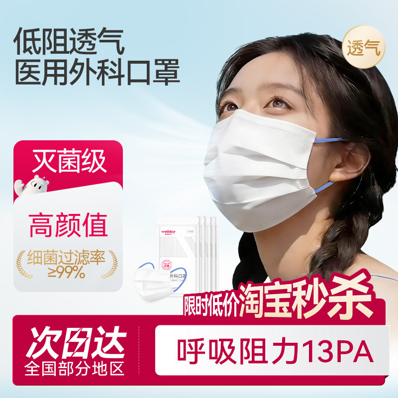 维德医疗医用外科口罩低呼吸阻力一次性医疗无菌夏轻薄透气不勒耳