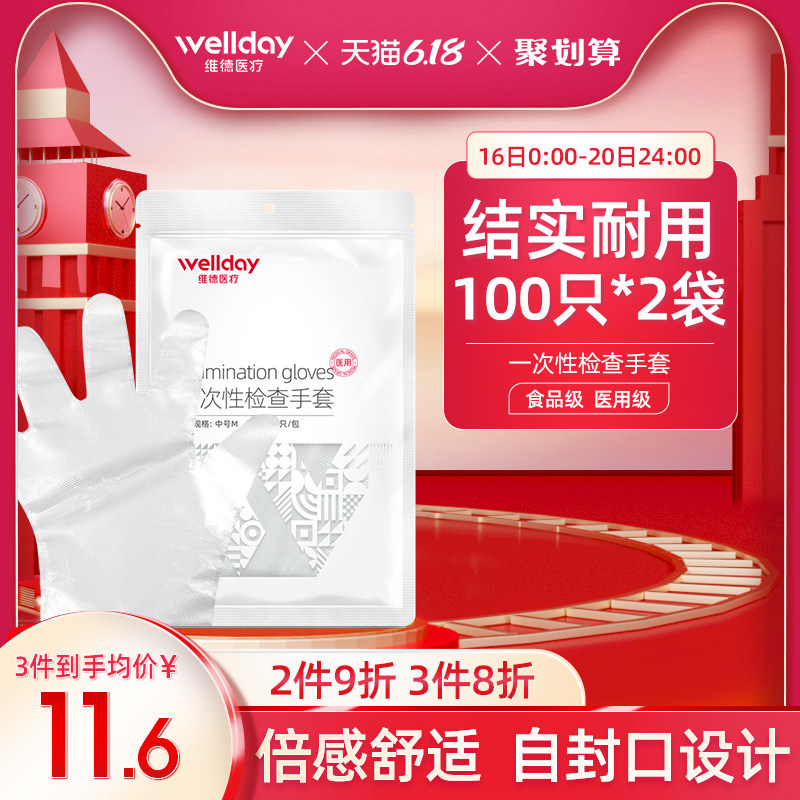 维德一次性医用检查手套无粉加厚透明薄膜手套家用200只防水PE手