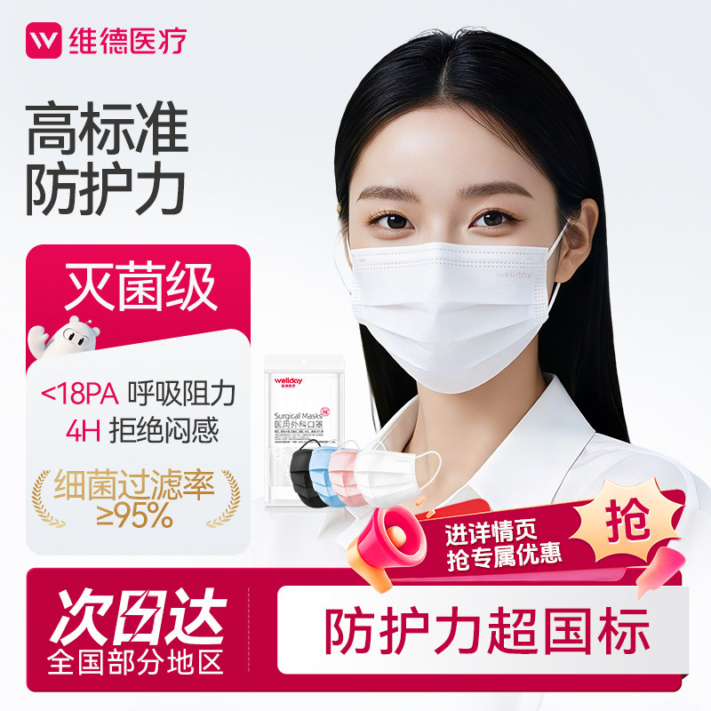 【新效期】维德医用外科口罩一次性医疗三层灭菌鼻炎口罩正品包装