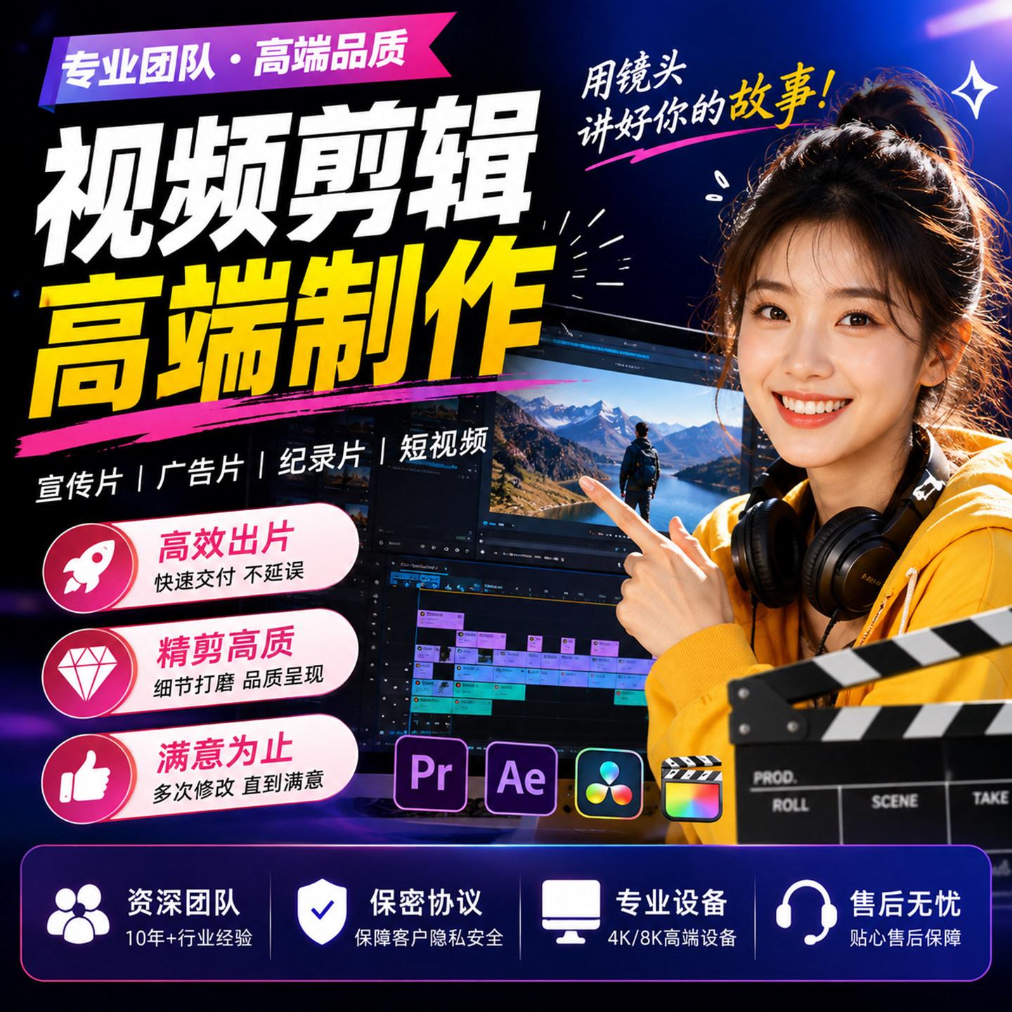 短视频剪辑制作企业宣传片头背景婚礼生日vlog信息流带货切片口播图片