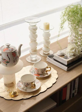 欧式复古样板间咖啡厅边桌拼色茶具套装琉璃烛台艺术感摆件软装饰