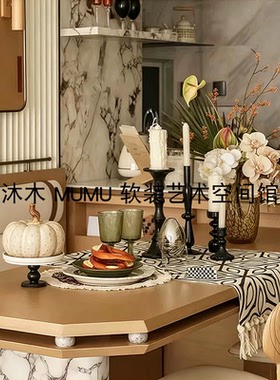 -餐厅桌面-中古风法式样板间玻璃烛台果盘餐具软装摆件桌面装饰品