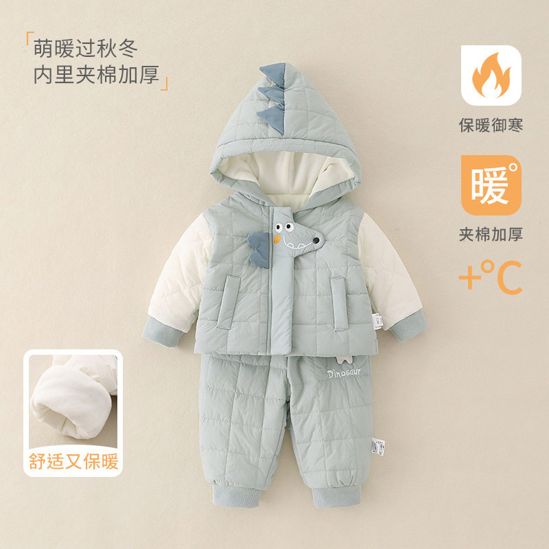 婴儿秋冬衣服两件套2025新款a类卡通一岁男宝宝薄棉保暖棉服套装