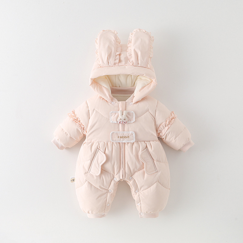 婴儿连体羽绒服白鸭绒2025新生儿连体衣女宝宝加厚保暖粉色爬服