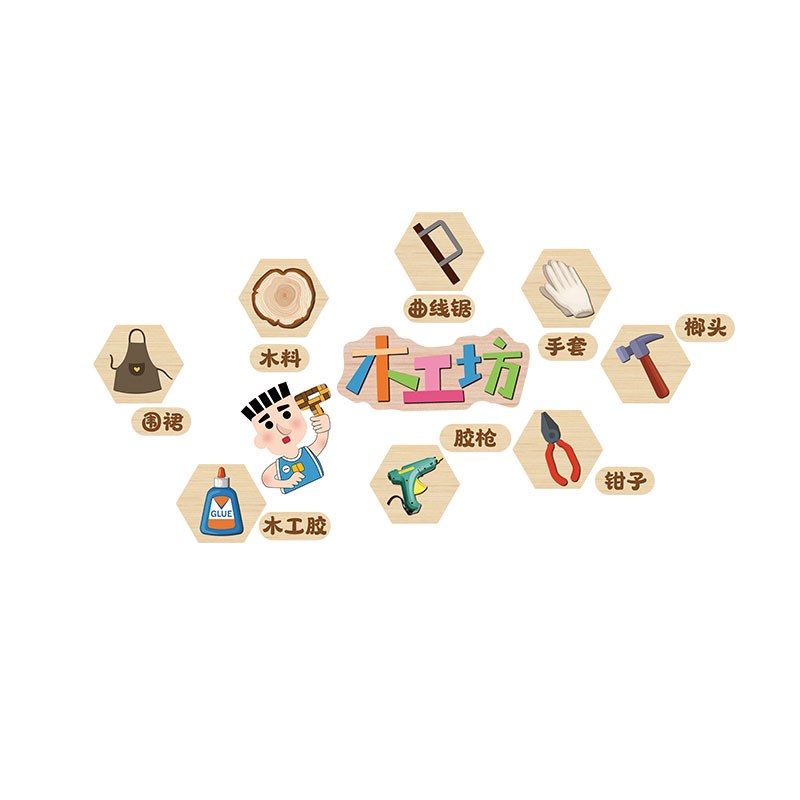 幼儿园鲁班区角木工坊环创榔头螺丝刀工具展示主题墙X面装饰成品