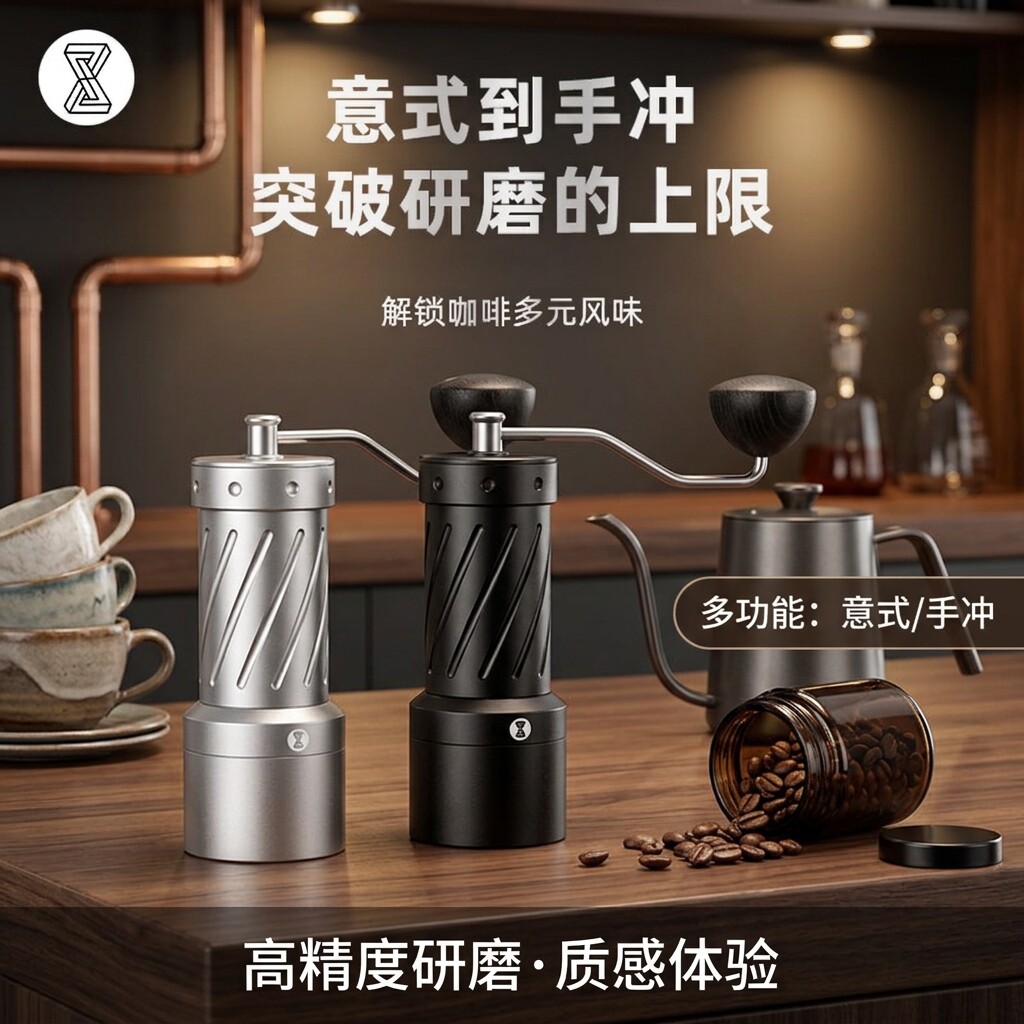 臻航手摇磨豆机双刀盘咖啡研磨器便携家用意式手冲咖啡豆磨粉机