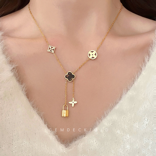 法式花瓣同心锁项链四叶草小众高级感女轻奢不掉色流苏吊坠锁骨链