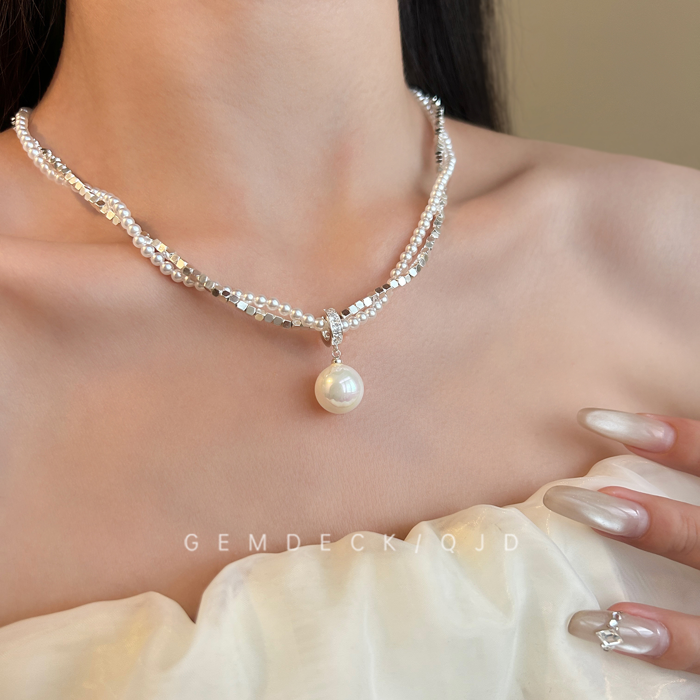 法式复古双层碎银子珍珠项链