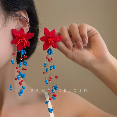复古红蓝撞色花朵串珠流苏耳钉