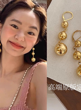 fever博主同款三颗金球耳环韩系冷淡风长款耳坠复古百搭气质耳饰