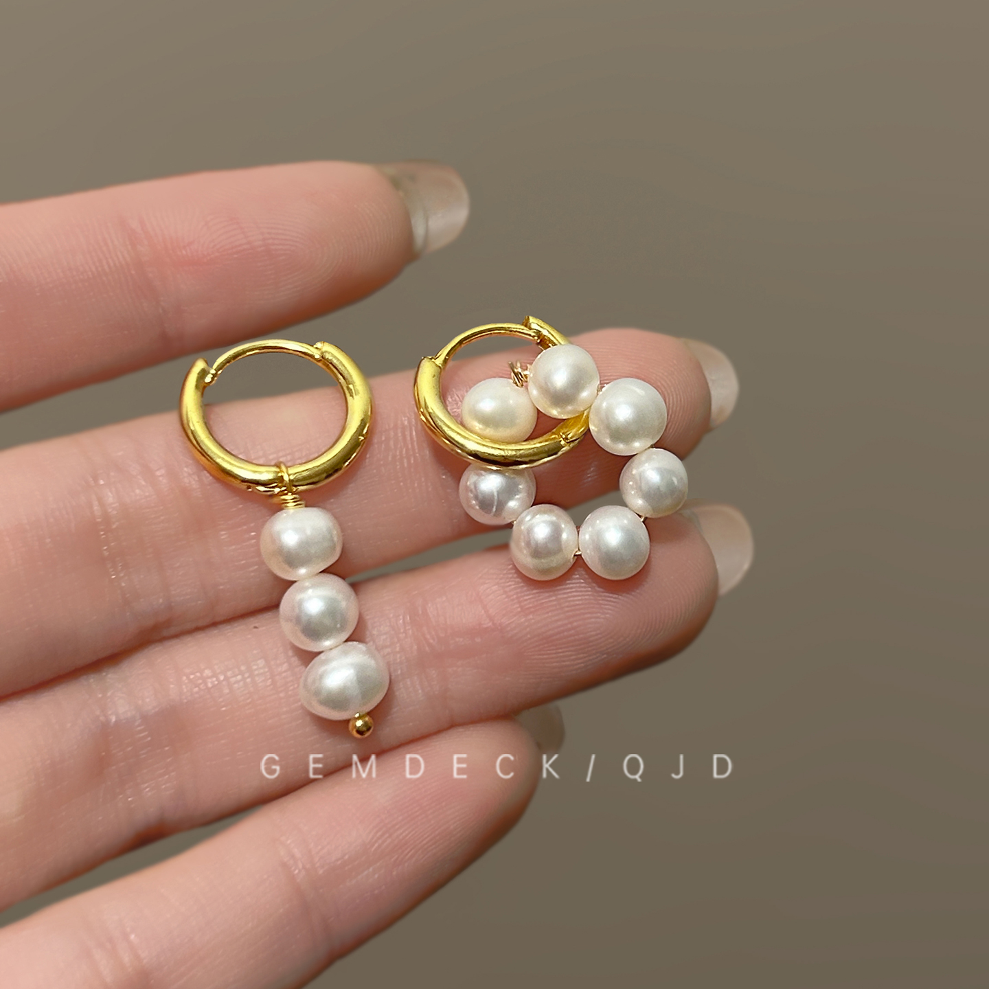 法式复古不对称珍珠圆环耳钉