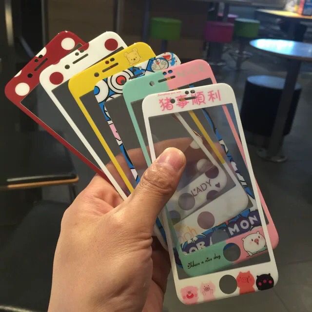 卡通苹果8plus钢化膜SE2全屏适用iPhone6s彩膜7玻璃可爱7p贴膜SE3