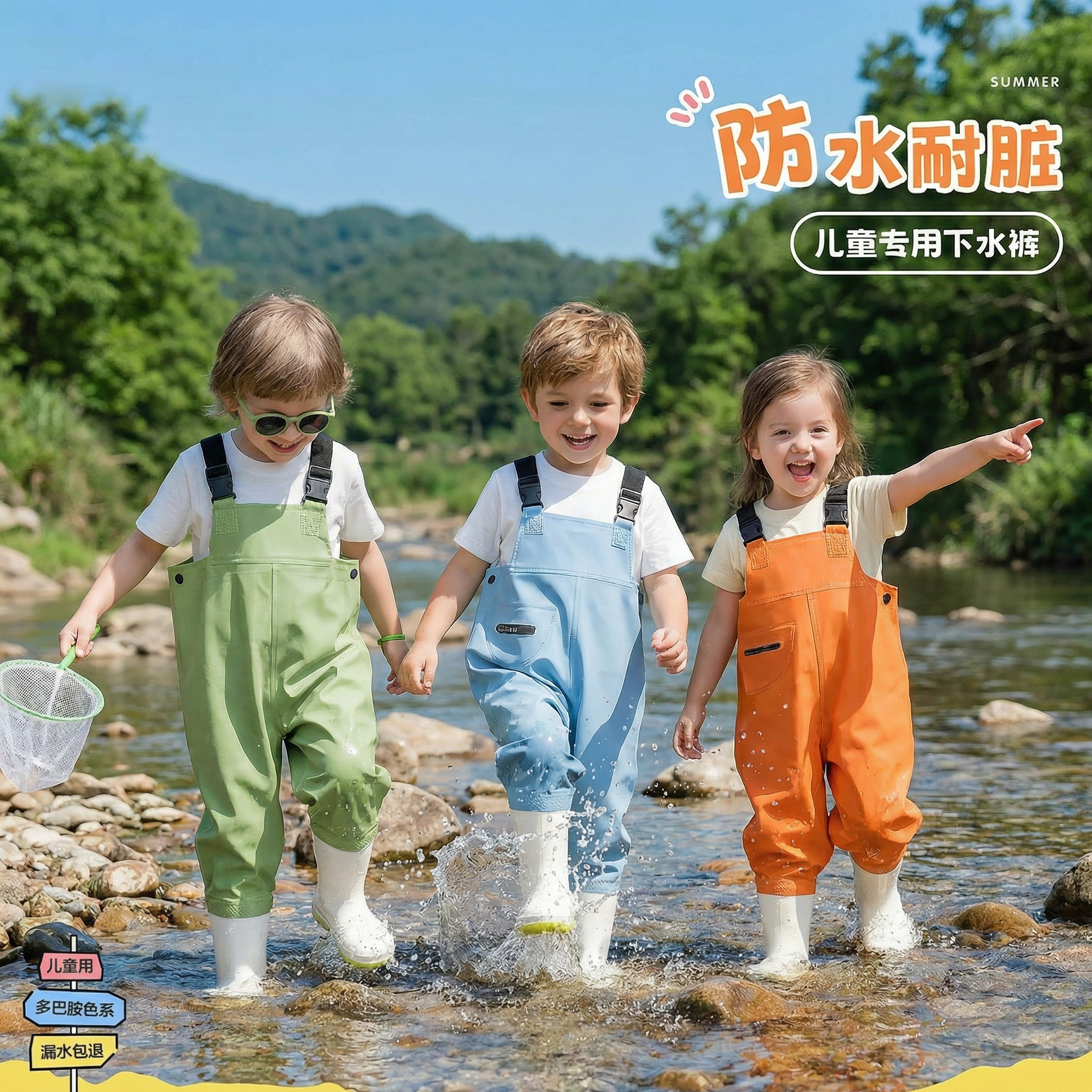 儿童赶海连身玩水衣服全身防水雨裤雨靴一体下水裤涉水幼儿园装备