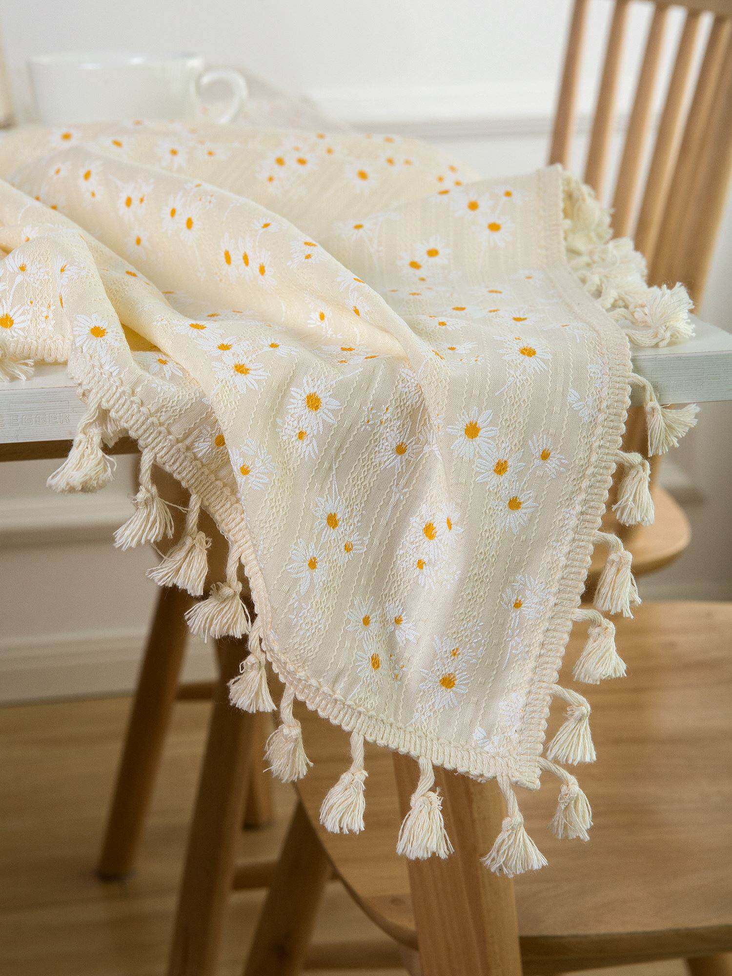 小雏菊小碎花棉麻布艺桌布ins背景布装饰盖巾长方形流苏台布田园