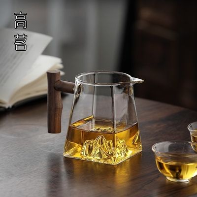 简站公道杯玻璃木茶漏一体观山公杯长嘴把功夫茶分茶器带手柄茶