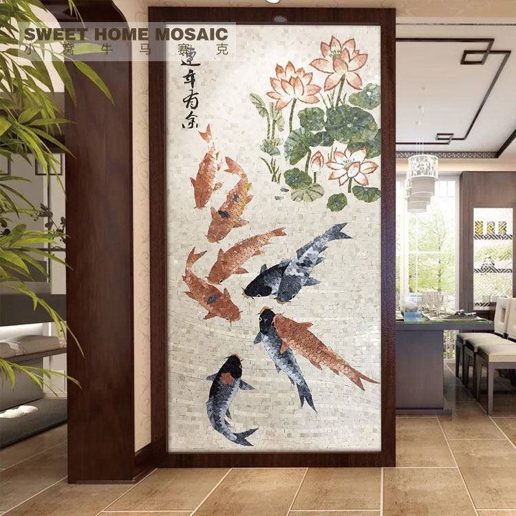 马赛克拼花背景墙石材剪画大理石国画荷花九鱼图过道玄关艺术壁画