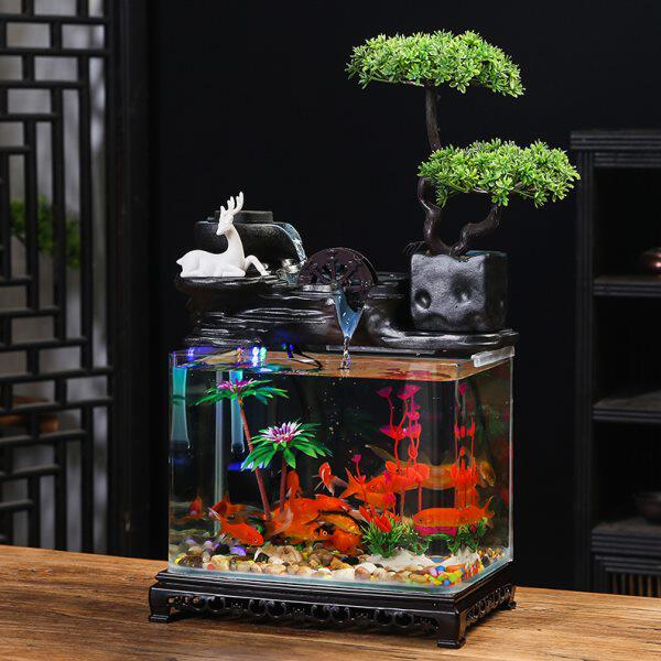 招财循环流水玻璃鱼缸客厅家居电视柜装饰风水轮摆件乔迁新居礼品