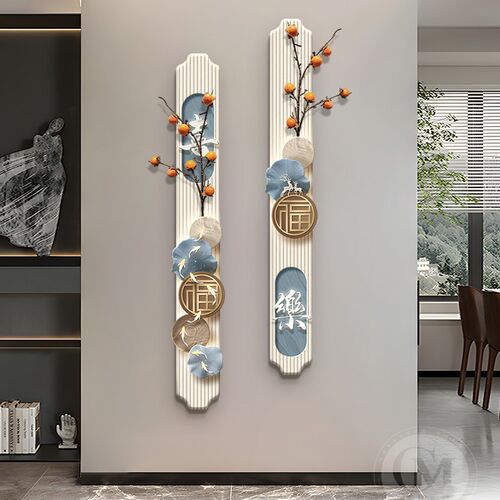 平安喜乐入户玄i关装饰画新中式走廊过道高级感壁画窄长条柿子灯
