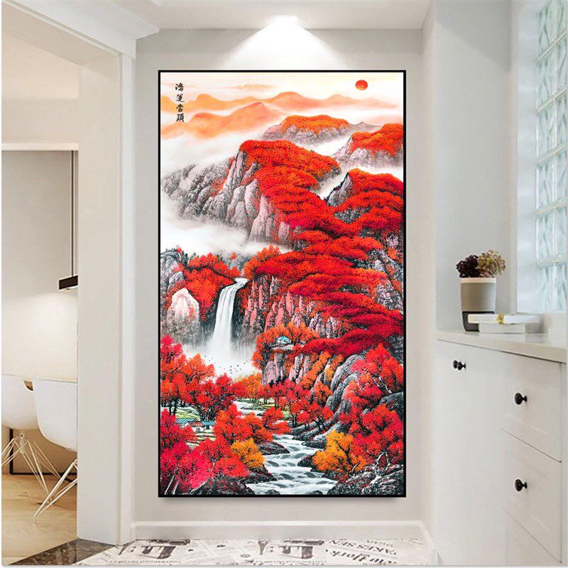 人工绣好的十字绣成品鸿运当头流C水生财新款客厅玄关竖版风景挂