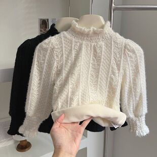 乌糖衫半时尚冬款上衣加厚蕾丝 2024高领加绒T恤女宝女童韩版打底