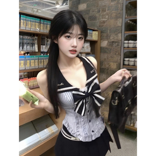 夏季 甜美学院风蝴蝶结收腰无袖 东京转校生 新款 衬衫 气质半裙套装