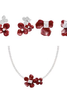 何家小苍兰花簇925纯银红鸢尾方糖耳环新品赵金麦同款珍珠项链