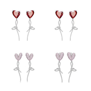 何家告白气球耳环925纯银925银乔欣同款长款红锆石爱心耳钉夹