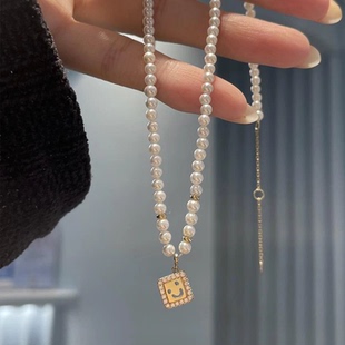 何家原厂925纯银笑脸珍珠项链马君妍同款女轻奢小众锁骨链颈链