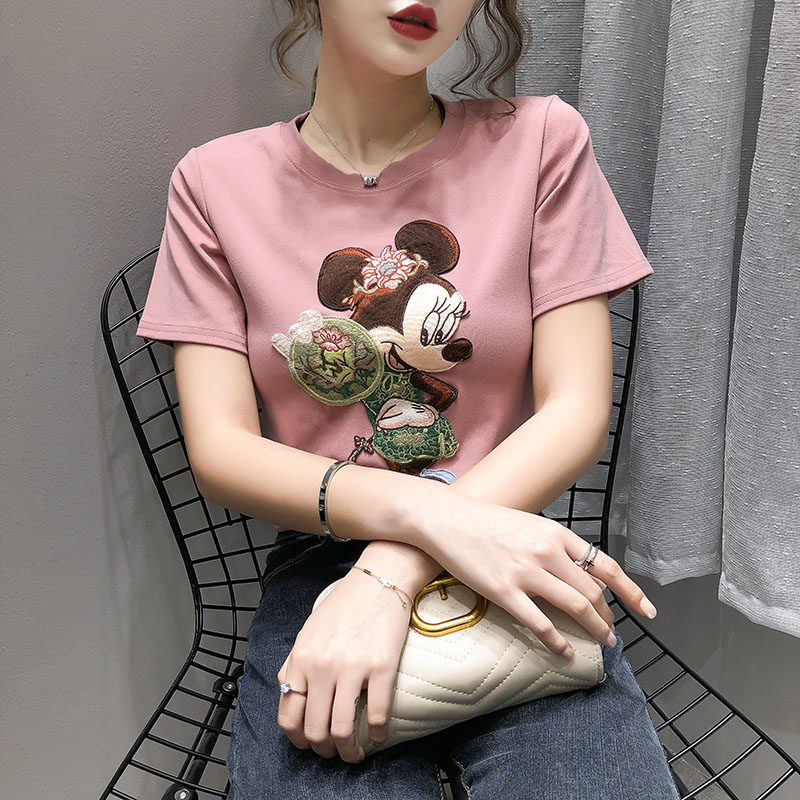 Large Short sleeved shirt 2020 new pattern Easy Show thin Versatile pure cotton Mickey Mouse Embroidery T-shirts Base coatin the Women's clothing/Boutique , Large size women  category - from Buy2taobao.com to provide professional Taobao agent buy service