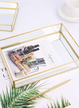 金边玻璃收纳盘桌面香薰化妆品欧式首饰盘镜面装饰水杯托盘茶盘