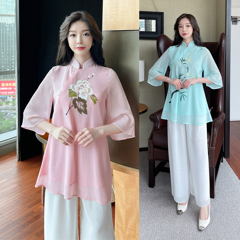 采耳工衣中国风改良汉服套装茶艺师茶馆工作服水疗沐足会所技师服