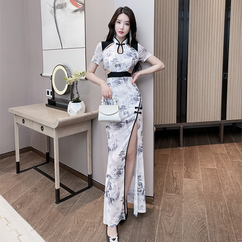 印花旗袍晚礼服性感气质显瘦技师
