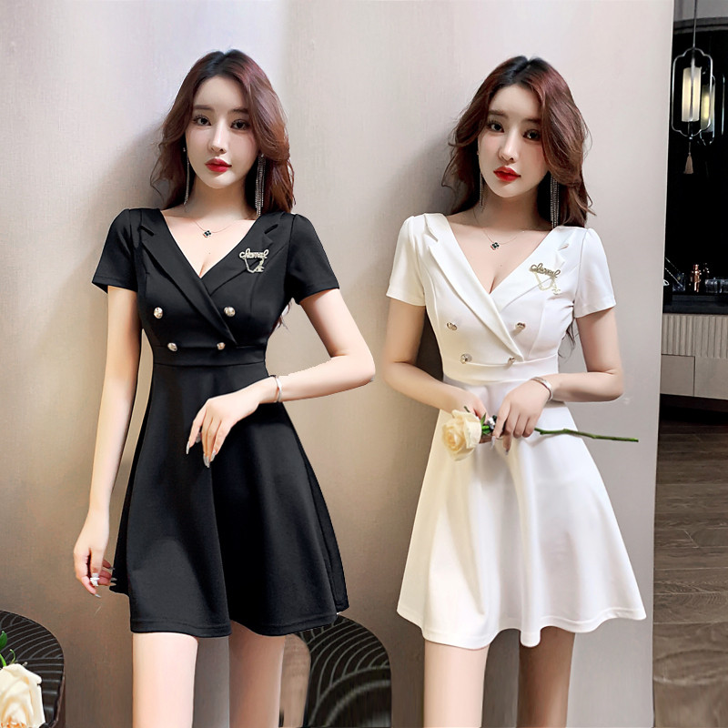 收腰显瘦v领性感技师服连衣裙夏