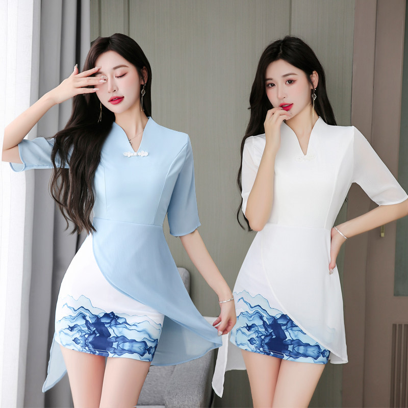 中国风采耳师工衣水疗spa会所改良旗袍连衣裙气质足浴技师工作服