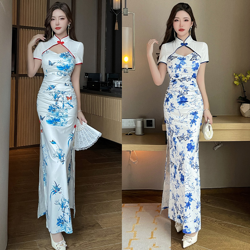 足浴桑拿技师工作服中国风旗袍连衣裙长款性感晚礼服足疗按摩工装