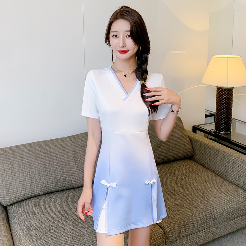 洗浴桑拿足浴工作服女中式采耳师改良旗袍连衣裙夏美容足疗技师服