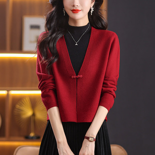 针织开衫女士短款春秋季旗袍披肩小外搭妈妈红色中式上衣毛衣外套