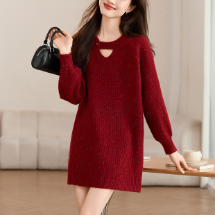 高级感红色毛衣裙女士中长款秋冬2025新款小个子遮屁股加厚打底衫