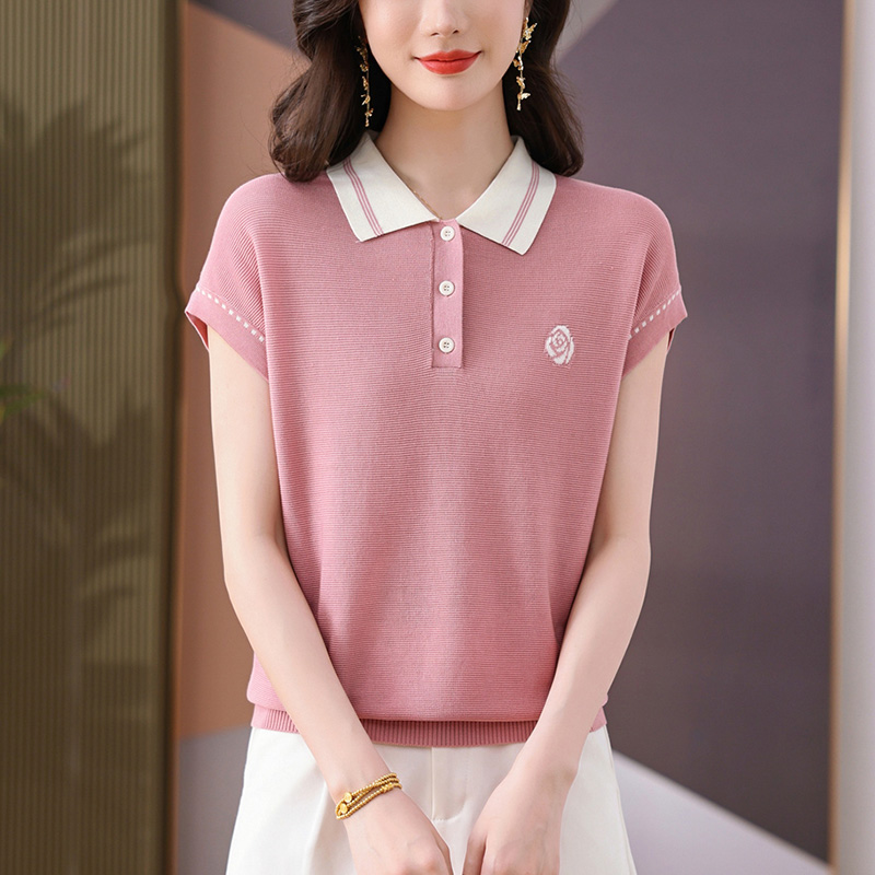 短袖冰丝针织衫t恤女夏季2025新款中年妈妈薄款打底上衣polo小衫