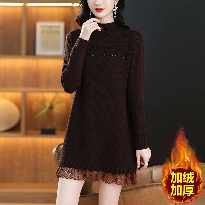 中长款加绒加厚毛衣裙女士秋冬中年妈妈一体绒内搭蕾丝针织打底衫