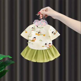 女宝宝夏季薄款套装女童国风汉服唐装婴儿新中式卡通可爱公主裙子