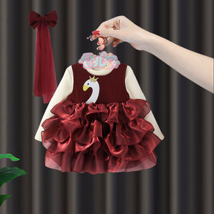 周岁女宝礼服女童冬季 婴儿生日裙天鹅蓬蓬裙公主裙 加绒连衣裙套装
