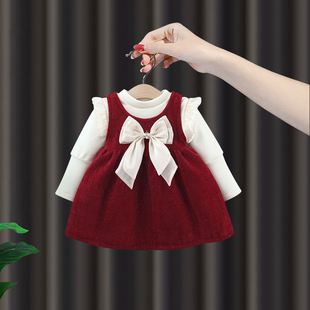 周岁女宝礼服女童冬季红色加绒连衣裙婴儿抓周宴拜年服公主裙套装