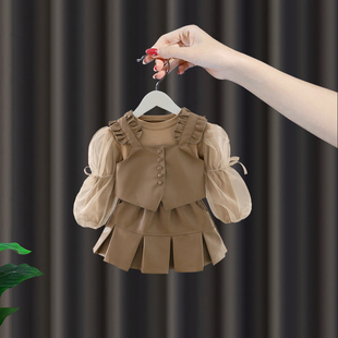 皮衣公主裙 1婴儿百褶裙三件套2女童早秋韩版 女宝宝秋季 连衣裙套装