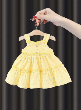 女宝宝夏季连衣裙1婴儿夏天黄色吊带裙无袖波点裙2女童甜美公主裙
